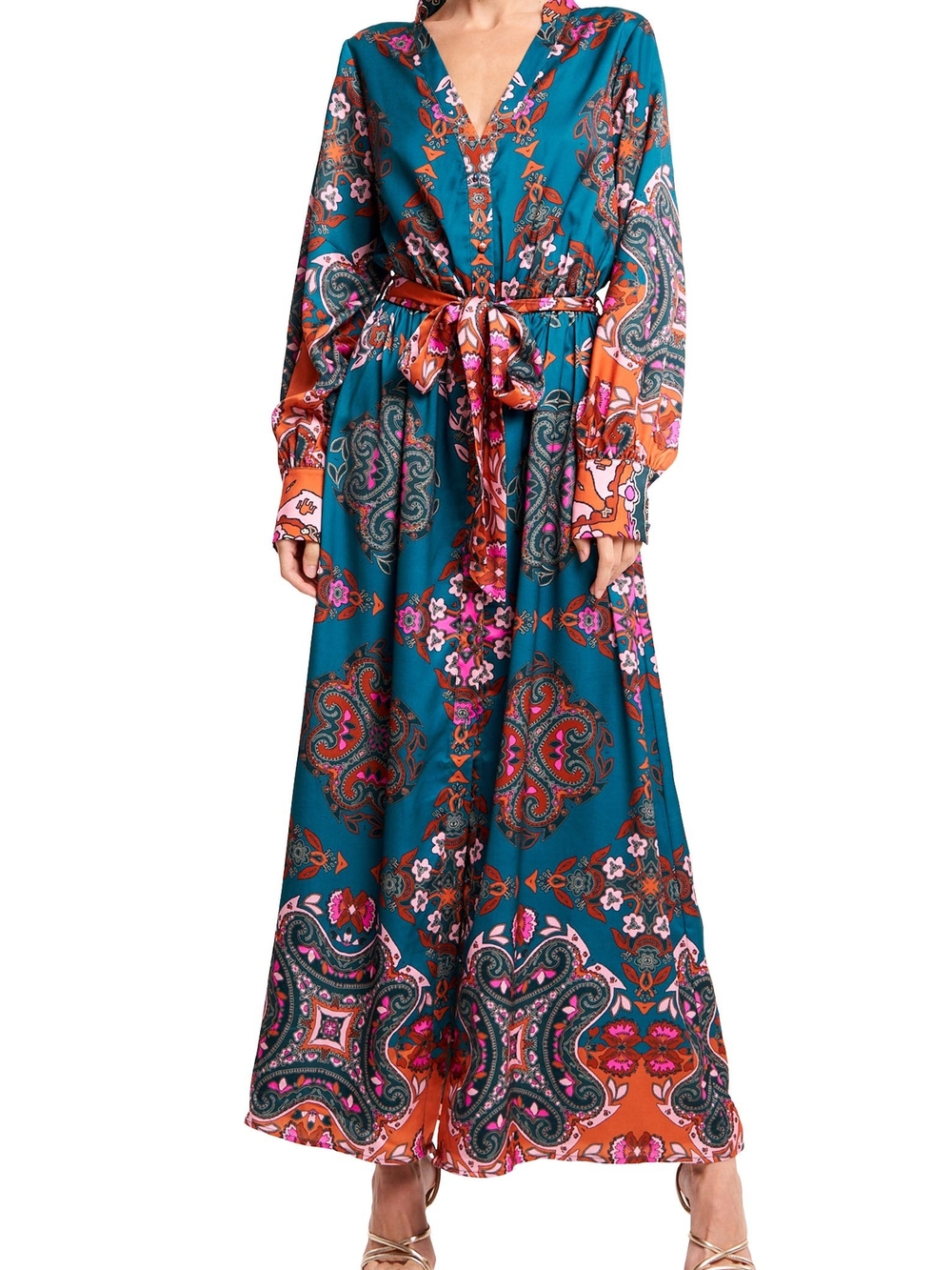 Ciebon Nora Print Long Sleeve Maxi Shirt Dress Navy Button Down Women Large - Picture 12 of 13